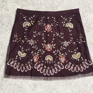 Anthropologie Ranna Gill Mini Skirt Women Size L Embroidered Boho Lace Burgundy